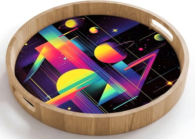 Dienblad rond 40x40 cm - Schootdienblad hout - Abstract - Vormen - Kleurrijk - Lijnen - Borrelplank rechthoek - Plateau houten dienbladen