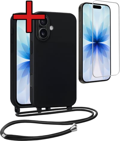 Hoesje Geschikt voor iPhone 17 Hoesje Siliconen Case Met Koord Met Screenprotector - Hoes Geschikt voor iPhone 17 Hoesje Backcover Met Telefoonkoord - Zwart