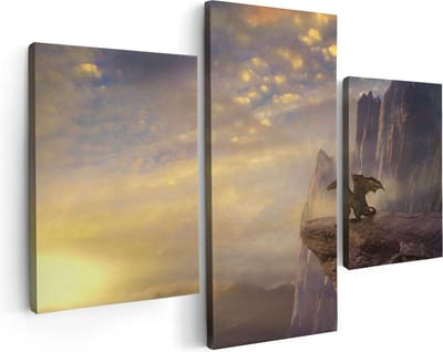 Artaza Canvas Schilderij Drieluik Draak op een Rots bij Zonsondergang - 90x60 - Foto Op Canvas - Canvas Print