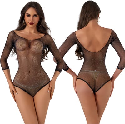 Elana Maristelle – Transparante Strass Body met Lange Mouwen - Erotische Lingerie voor Dames - Zwart