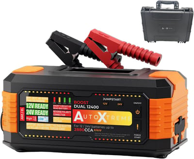 AutoXtreme 12V & 24V Jumpstarter voor Vrachtwagen – 2880CCA – Boost Dual 12400 – Starthulp met Forcestart, LED-scherm & Powerbank – Incl. Zaklamp & Opbergzak