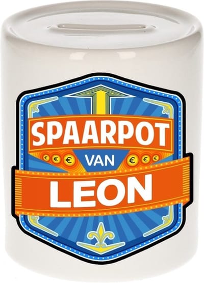 Bellatio Decorations Kinder spaarpot met naam - Leon - keramiek - met dop - wit - Sparen - Spaargeld van Leon