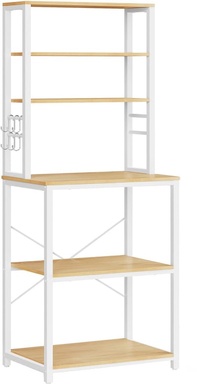Opbergrek keukenkast multifunctioneel opbergrek met 3 kleine werkbladen 3 grote werkbladen en 6 haken stevig metalen frame eenvoudige en stijlvolle industri毛le look geschikt voor keuken woonkamer of slaapkamer 40 x 60 x 167cm naturel+Wit