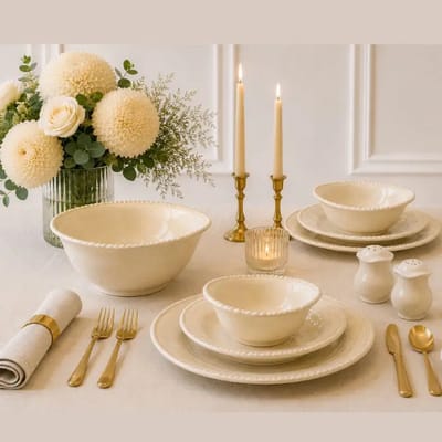 Bavary Pearls serviesset – 27-delig – parelrand – beige – Ø27 cm, vaatwasserbestendig