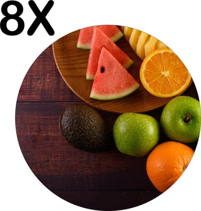 Luxe Ronde Placemat - Compositie van Fruit op een Houten Plank - Set van 8 Placemats - 50x50 cm - 2 mm dik Vinyl - Anti Slip - Afneembaar