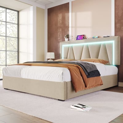 MEUNIQ gestoffeerd bed 140x200 met verstelbaar hoofdbord, USB- en Type-C-aansluiting, LED-verlichting en opbergruimte, beige