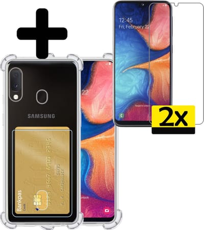 Hoesje - Geschikt voor Samsung Galaxy A20e - Met 2x Screenprotector - Pashouder - Kaarthouder - Telefoon Hoes Shockproof - Siliconen Case - Back Cover - Shock Proof - Pasjes Houder - Telefoonhoesjes - Transparant