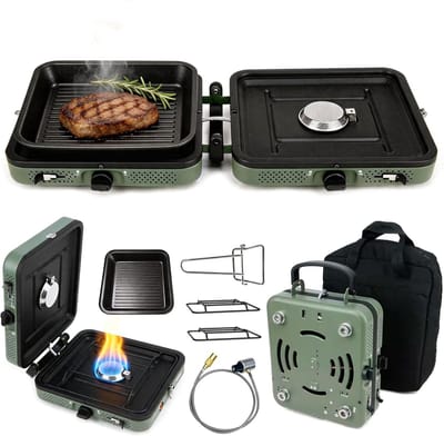 SnelShoppen - Campingfornuis 2-in-1 4400W - Draagbaar 2-pits Campinggasfornuis met Grillplaat - Inklapbaar Kooktoestel voor Kamperen en Buiten - Inclu