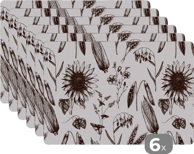 Placemat - Placemats kunststof - Patroon - Planten - Zwart - Wit - 45x30 cm - 6 stuks - Hittebestendig - Anti-Slip - Onderlegger - Afneembaar