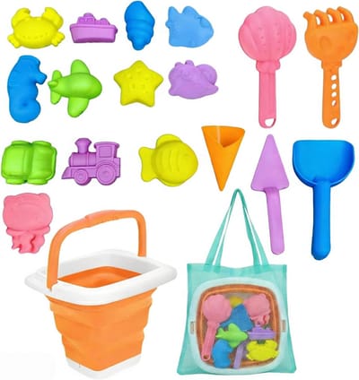 Complete zand speelgoed set met 19 onderdelen, inclusief opvouwbare emmer, schep en mesh vak, ideaal voor strand, tuin en reizen, cadeau voor kinderen vanaf 3 jaar
