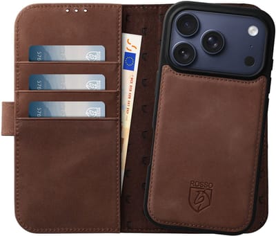 Rosso Elite Hoesje Geschikt voor Apple iPhone 17 Pro Max | Compatibel met MagSafe / Qi2 | Book Case en Back Cover | Magnetisch Uitneembaar | Echt Leer Beschermhoes met Pasjeshouder | Bruin