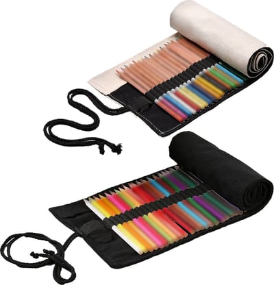Somstyle Roletui Set - 2 Stuks - Voor 36 Potloden of Stiften - Pennen Etui voor Jongens & Meisjes - Zwart & Beige