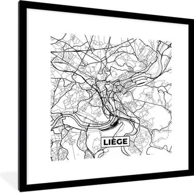Fotolijst incl. Poster Zwart Wit- Zwart Wit – België – Plattegrond – Stadskaart – Kaart – Liège - 40x40 cm - Posterlijst
