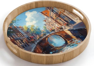 Dienblad rond 40x40 cm - Schootdienblad hout - Stad - Gracht - Zon - Fietsen - Borrelplank rechthoek - Plateau houten dienbladen