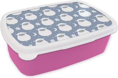 Broodtrommel Roze - Lunchbox - Brooddoos - Schapen - Nacht - Maan - Patronen - 18x12x6 cm - Kinderen - Meisje