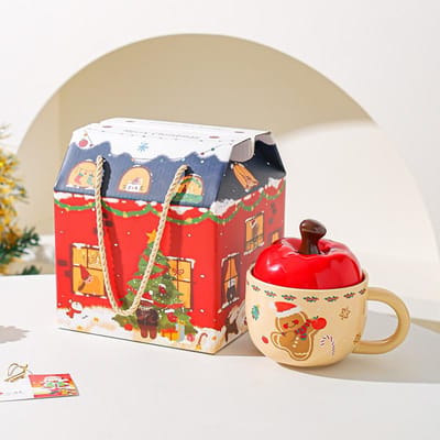 Creatieve Apple Kerst Keramische Mok met Deksel, Kerstcadeau, Mooie Waterbeker, Cadeauverpakking, Souvenir 401-500ml