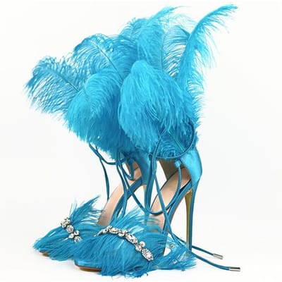 Merk Hoge Hakken 12cm Veer Strass Sandalen Prom Halloween Masker Damesschoenen Bruiloft Bruidsschoenen Grote Maat 35 -43 38 blue