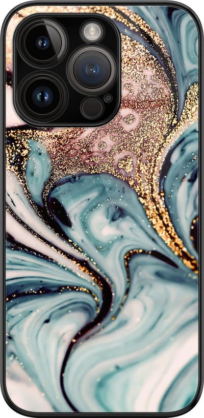 Hoesje geschikt voor iPhone 14 Pro - Marmer blauw goud - Luxe Glazen Hardcase - Marmer - Blauw, Goud - Leuke Telefoonhoesjes