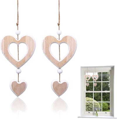 2 pieces moderne houten raamdecoratie - harten voor het raam - lente decoratie - hangdecoratie