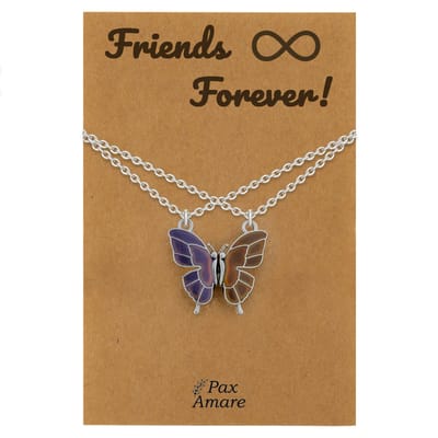 BFF Ketting voor 2 ' Friends Forever' - Vlinder VERANDERT VAN KLEUR - Vriendschapsketting op Cadeau Kaartje - 45cm + 5cm verstelbaar - Zilverkleurig - Best Friends Hanger - Pax Amare