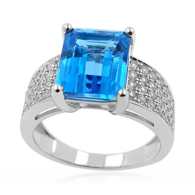 Cavill - 925 Sterling Zilver Ring - 5,33 ct Blauwe Marambaia Topaas - 0,98 ct Pave Zirkonen - Modern & Robuuste Braziliaanse Edelsteen