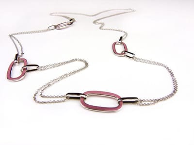 Zilveren halssnoer halsketting collier Model Email met roze email schakels