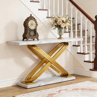 OKWISH Consoletafel - Luxe Design Met X Frame - Voor Hal Woonkamer En Kantoor - Metaal En Hout Wit Goud
