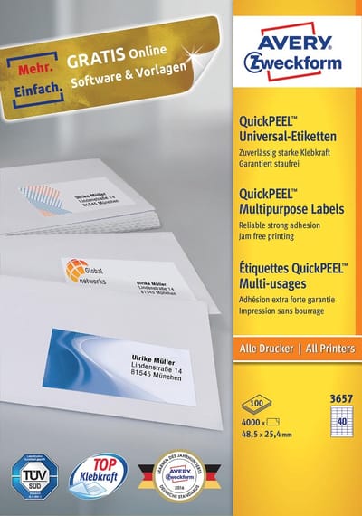 Avery Zweckform 3657, Universele etiketten, Ultragrip, wit, 100 vel, 40 per vel, 48,5 x 25,4 mm 5 stuks