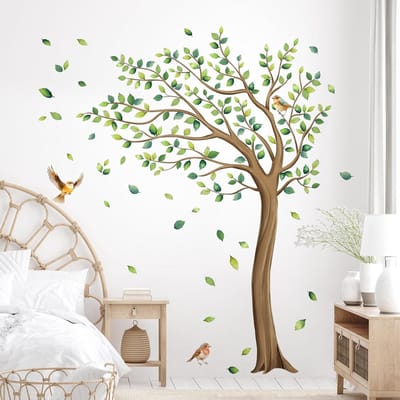 Grote Boom Muurstickers met Groene Bladeren en Vogels - Afneembare Wanddecoratie voor Kinderkamers, Slaapkamers en Woonkamers met Vallen Bladeren en Natuurlijke Elementen