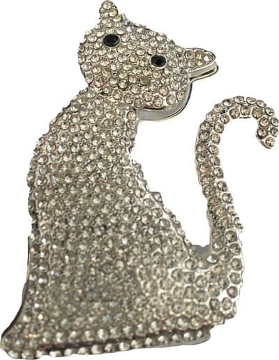Magneetbroche Kat zilverkleurig met strass