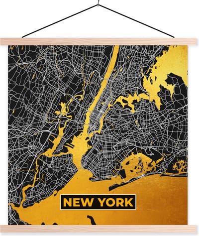 Posterhanger incl. Poster 40x40 cm - Schoolplaat - Goud - Stadskaart - Plattegrond - New York - Kaart - Textielposter - Blanke latten - Stadskaart