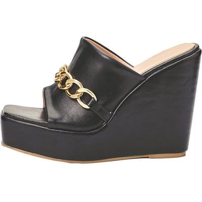 Nieuwe Leren Rode Platform Sleehakken Pantoffels Zomer Peep Toe Sexy Super Hoge Hakken Mode Ketting Sandalen Schoenen 39 zwart