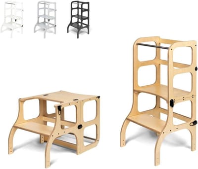 Montessori Leertoren - Kinderkeukentoren Tafel - Praktische Vaardigheden Leren - 2-in-1 Multifunctioneel - 40 cm diep - Houtkleurig