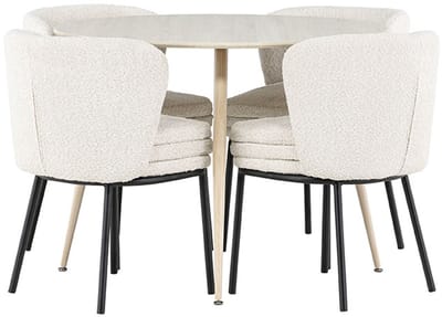Plaza eethoek tafel Ø100cm en 4 bouclé stoelen whitewash.