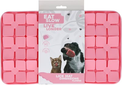 Eat Slow Live Longer Likmat Bloemenpatroon – 21 x 34 cm - Snuffelmat - Anti-schrok Mat - Slowfeeder Honden en Katten - 100% Siliconen - Vaatwasserbestendig - Voerpuzzel Kat - Roze