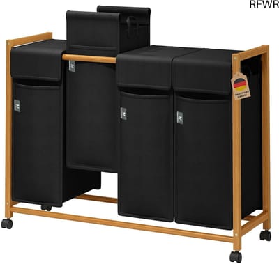 RFWR® Wasmachine Wasmand van Bamboe met Wielen en 4 Vakken, 200 Liter