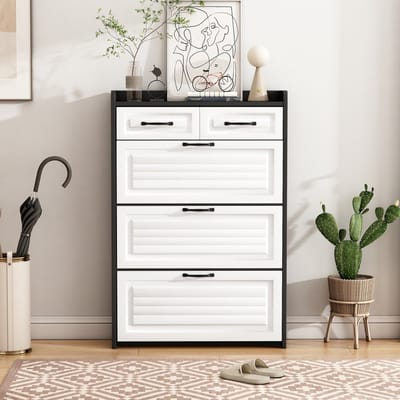 Wishdor - Schoenenkast - 3 Kantelvakken En 2 Lades - Modern - Spaanplaat - Wit-Zwart - 80 x 23,5 x 131 cm