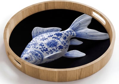 Dienblad rond 40x40 cm - Schootdienblad hout - Porselein - Goudvis - Delfts - Blauw - Borrelplank rechthoek - Plateau houten dienbladen