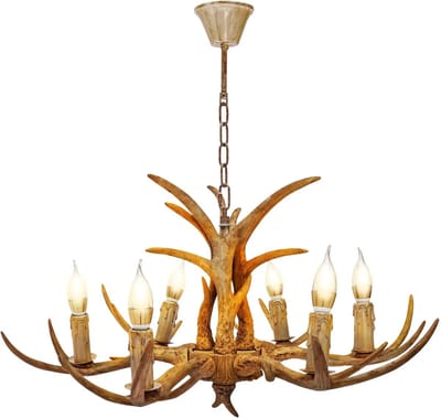 Archi Plafondlamp - Kroonluchter – Gewei - 6-lichts Hertenhoorn Hanglamp – E14 Fitting – Met Lampen - 76 × 53 cm – Bruin