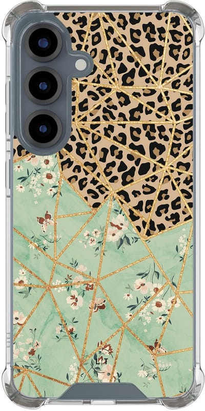 Shockproof hoesje - Geschikt voor Samsung Galaxy S25 - Luipaard bloemen print - Extra sterke case - TPU/polycarbonaat - Print / Illustratie - Multi, Transparant