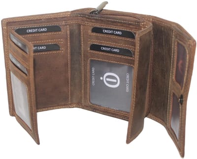 OI Hunter bruine leren damesportemonnee met rits binnenin / afsluitbare overslag portemonnee met dubbel munt vak met rits / damesbeurs voor veel pasjes / RFID safe / bruin leer / 220H