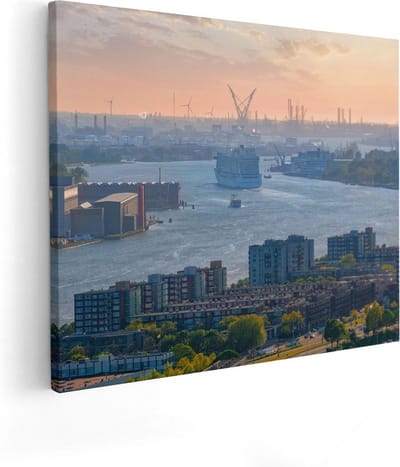 Artaza Canvas Schilderij Rotterdam - 100x80 cm - Groot - Wanddecoratie Skyline - Muurdecoratie Haven - Schilderijen Op Canvas Zonsondergang
