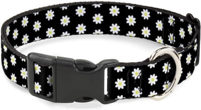 Zwarte en Witte Hondenhalsband met Madeliefjesprint – Sterke Kunststof Gesp