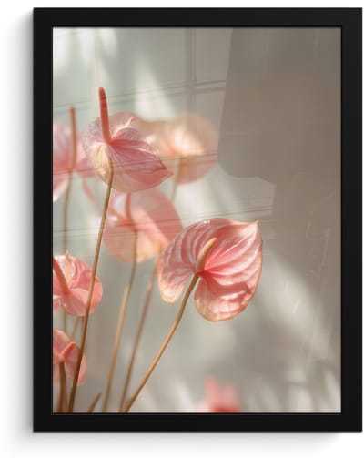 Poster in lijst - Fotolijst 30x40 cm - Posters - Bloemen - Stelen - Roze - Schaduw - Posterlijst zwart - Decoratie - Wanddecoratie woonkamer - Muurdecoratie slaapkamer