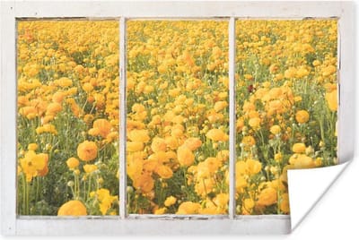 Poster Doorkijk - Bloemen - Geel - 180x120 cm XXL
