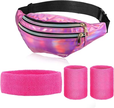 Retro Kostuumaccessoires Set van 4 voor Feestjes en Carnavals, Inclusief Heuptas, Zweetband, Hoofdband en Armbanden in Paars en Rood