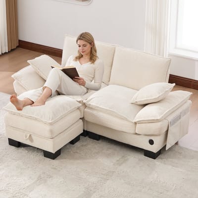 DESMIU Bank 190 cm - 2-Zits Met Hocker, USB-C En Zijvakken - Voor Woonkamer, Kantoor En Zithoek - Corduroy Beige