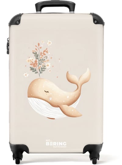 NoBoringSuitcases.com® - Kinderkoffer - Kindertrolley jongen en meisje - Walvis in pastel beige kleuren - Handbagage koffer lichtgewicht - Reiskoffer trolley kinderen - Rolkoffer met wieltjes - Past binnen 55x40x20 en 55x35x25