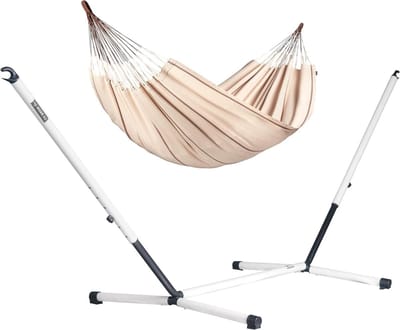 Dubbele Hangmat - Hangmat met standaard - Ontspannen in de tuin - Biologisch katoen - 230 x 160 cm - Nougat