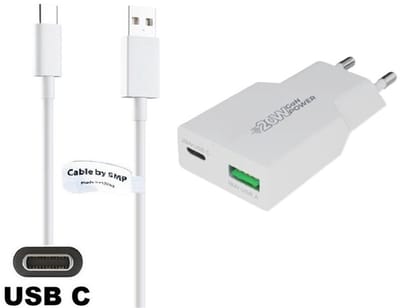 OneOne 20W snellader met 2 poorten + 0,2m sterke USB C kabel. PD PPS lader. GAN oplader adapter past op Universeel Asus, ZTE, Fairphone, Sony Xperia, OPPO, Apple iPhone / iPad, Nokia, Acer, BlackBerry, Anker (Soundcore), Archos, Bose